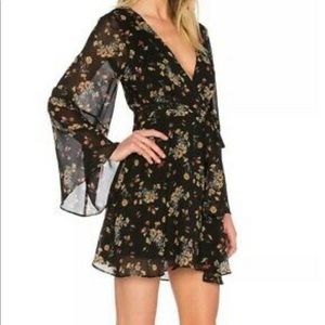 Free People Size Small Lilou Printed Dress Retro Black Floral Long Bell Sleeve